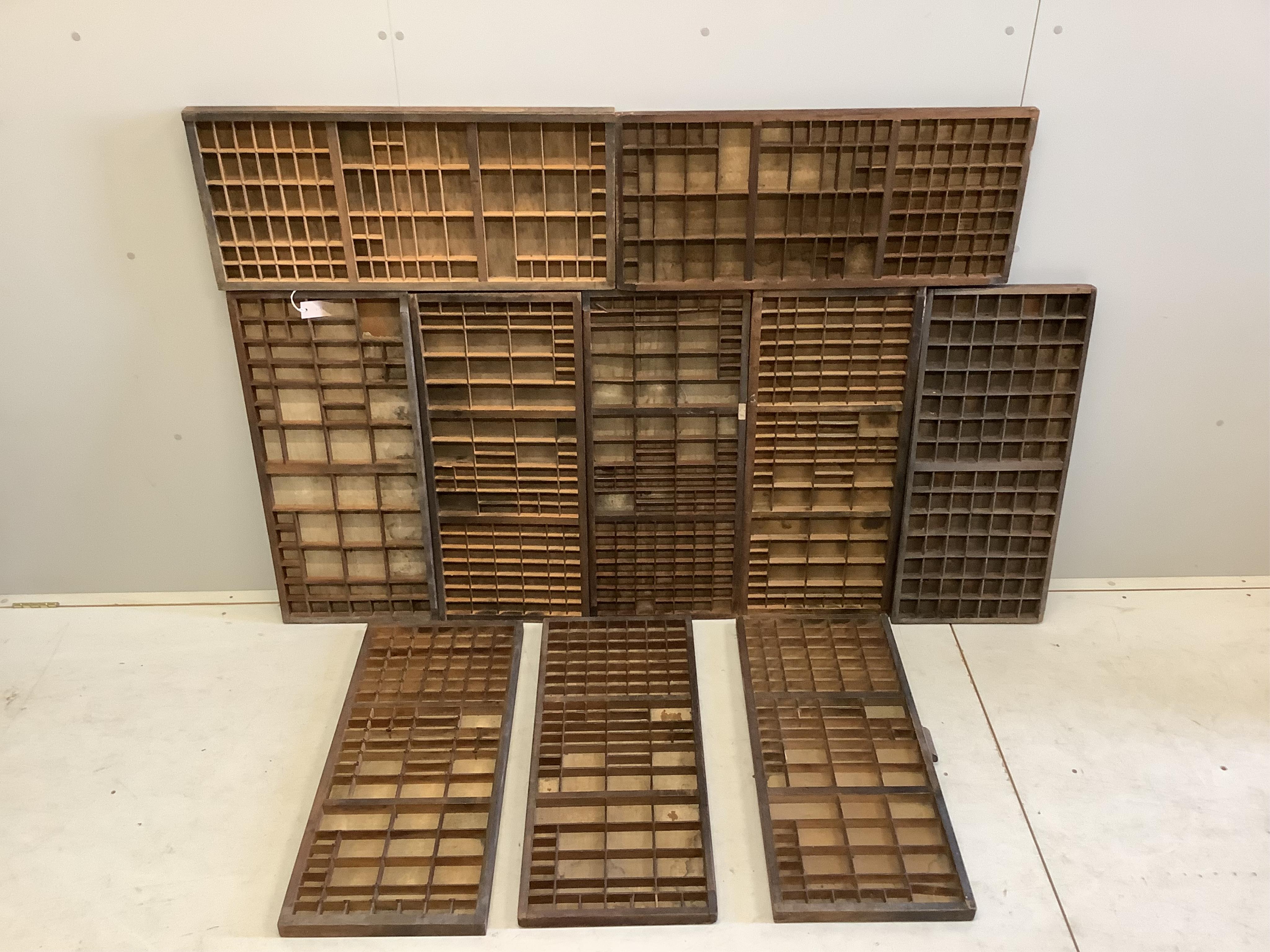 Ten vintage printers block trays, width 83cm, depth 38cm, height 4cm